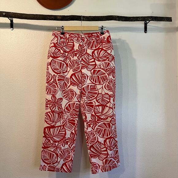 Vintage Y2K Red & White Palm Print Cotton Mid Rise Capri Summer Pants Size 10 - Picture 1 of 14